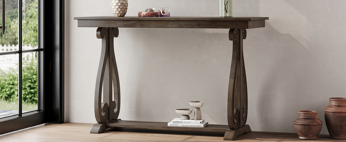 48-Inch Rustic Vintage Farmhouse Style Entryway Table with Open Shelf (Walnut)