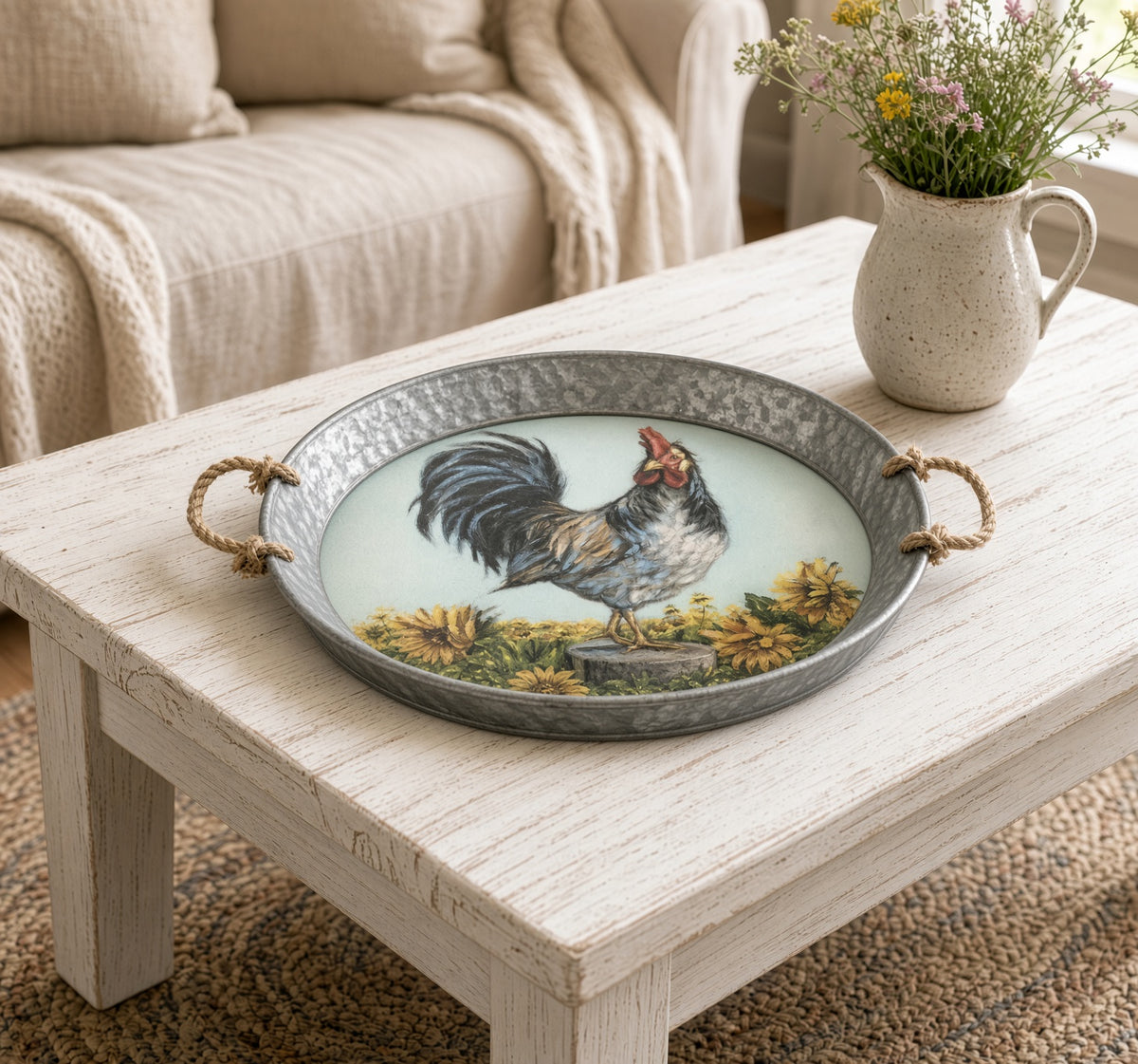 Rooster & Sunflowers Galvanized Metal Tray – Rustic Farmhouse Decor
