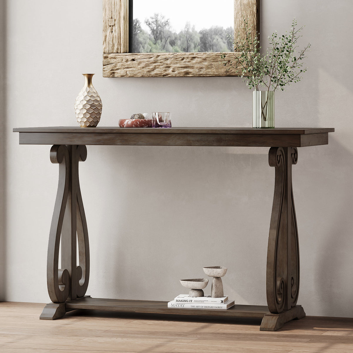 48-Inch Rustic Vintage Farmhouse Style Entryway Table with Open Shelf (Walnut)