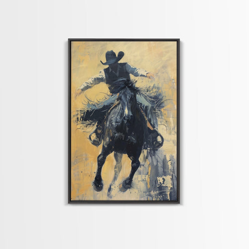Bold Cowboy in Action Framed Canvas Print - Captivating Western Decor Search size and frame options before ordering.