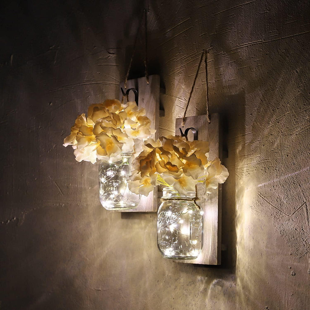 Jar Hydrangea Sconces with Fairy Lights Set of Two