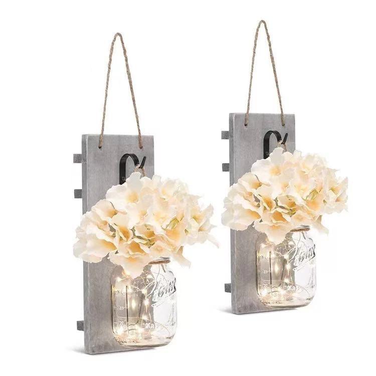 Jar Hydrangea Sconces with Fairy Lights Set of Two