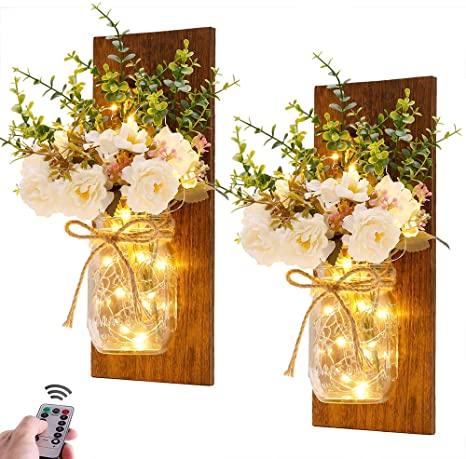 Jar Hydrangea Sconces with Fairy Lights Set of Two