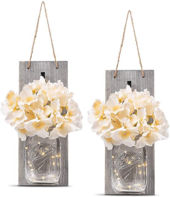 Jar Hydrangea Sconces with Fairy Lights Set of Two