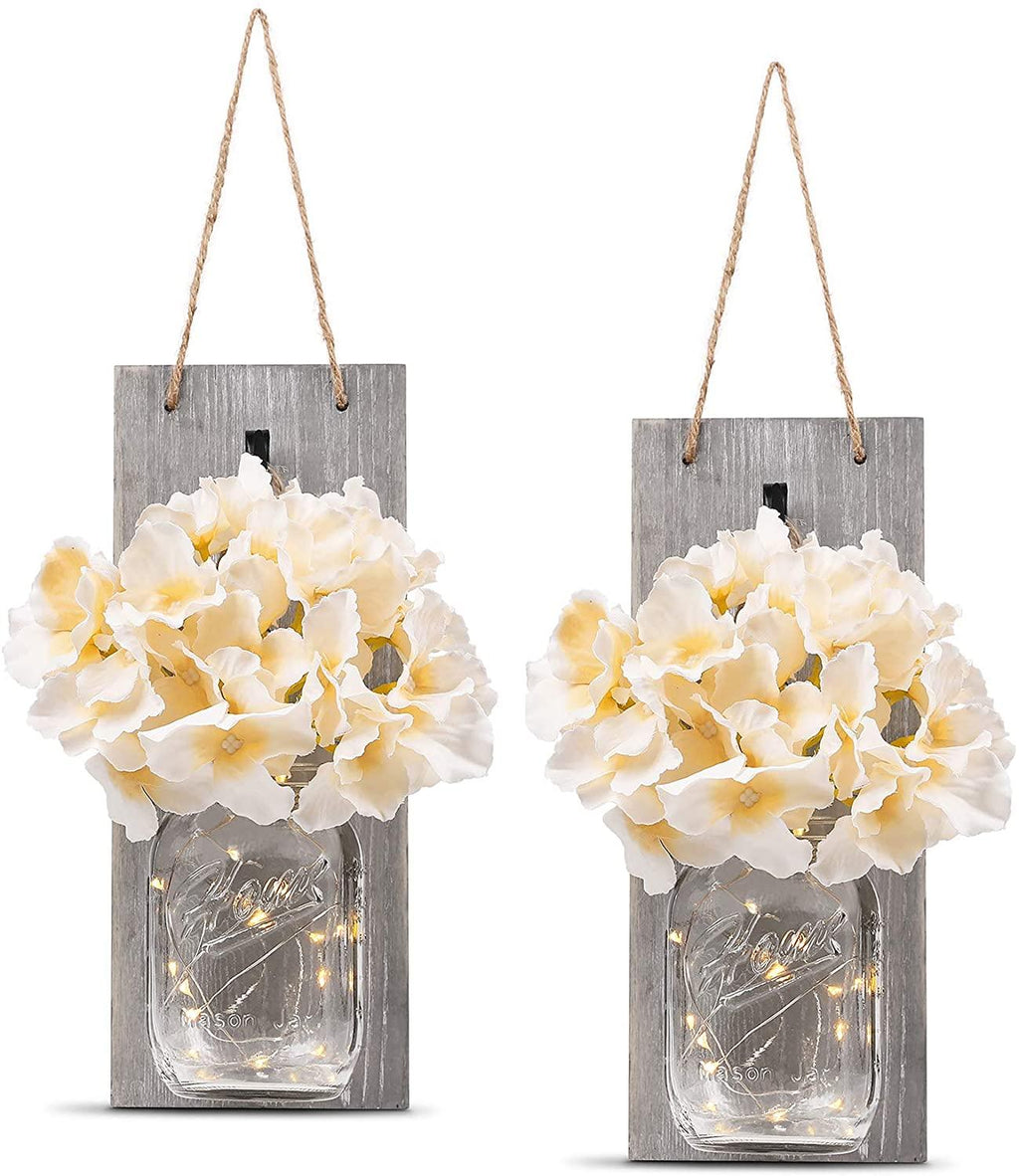 Jar Hydrangea Sconces with Fairy Lights Set of Two