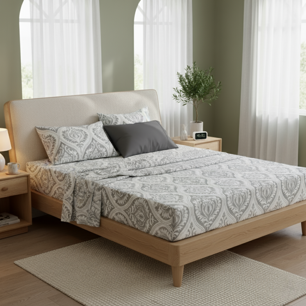 Tache Dreamy Moon Sky Ogee Damask Heather Gray White Bed Sheet Set (TB300)