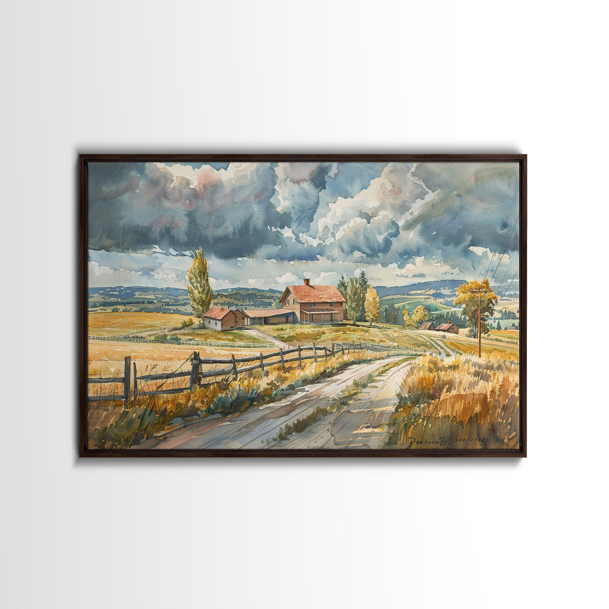 Primitive Farmhouse Watercolor Painting Framed Canvas Print, Wood Frame Art, Kitsch Decor, Choose your size and frame for pricing
