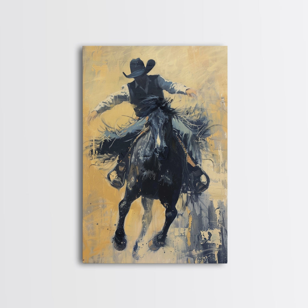 Bold Cowboy in Action Framed Canvas Print - Captivating Western Decor Search size and frame options before ordering.