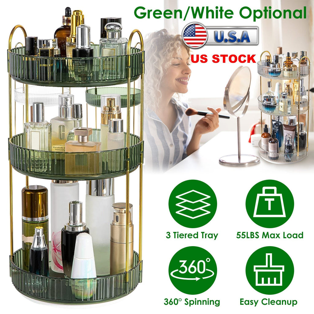 3 Tier Rotating Makeup Organizer – 360° Spinning Cosmetic Storage Tray
