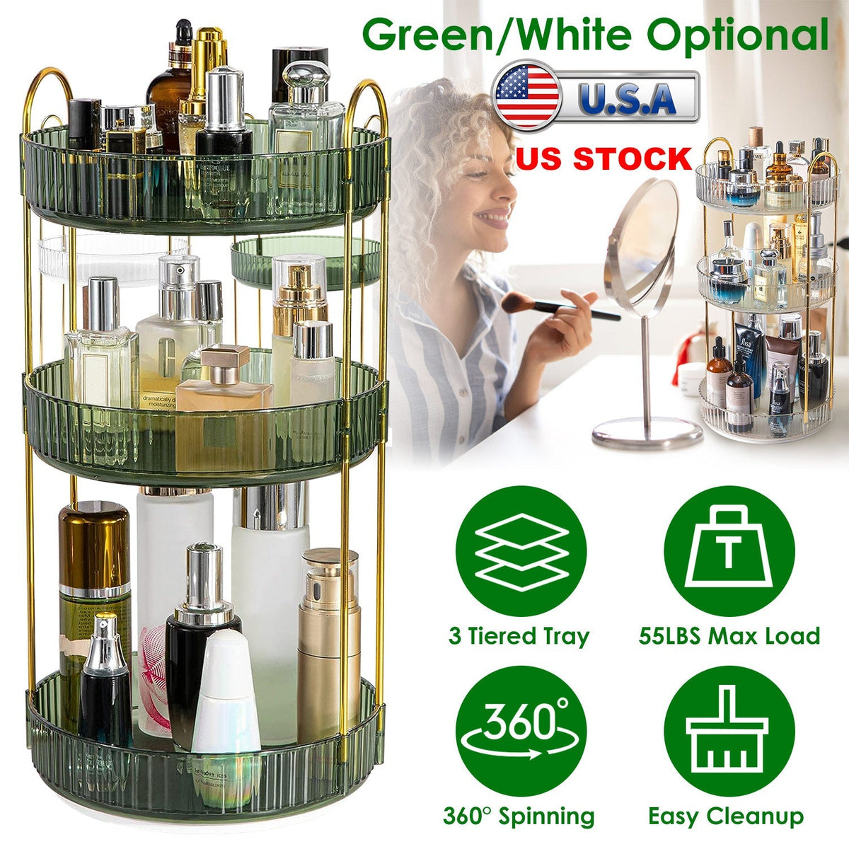 3 Tier Rotating Makeup Organizer – 360° Spinning Cosmetic Storage Tray