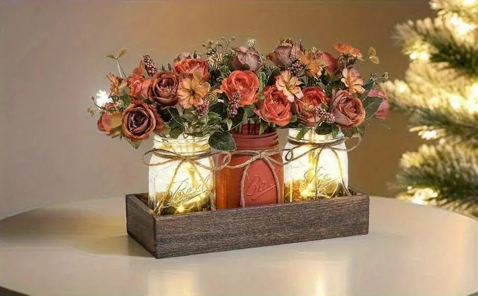 3pcs Mason Jar Centerpiece Table Decor with Wood Tray and Led Light
