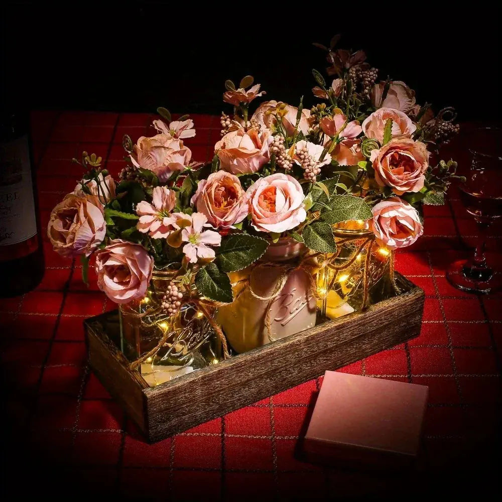 3pcs Mason Jar Centerpiece Table Decor with Wood Tray and Led Light