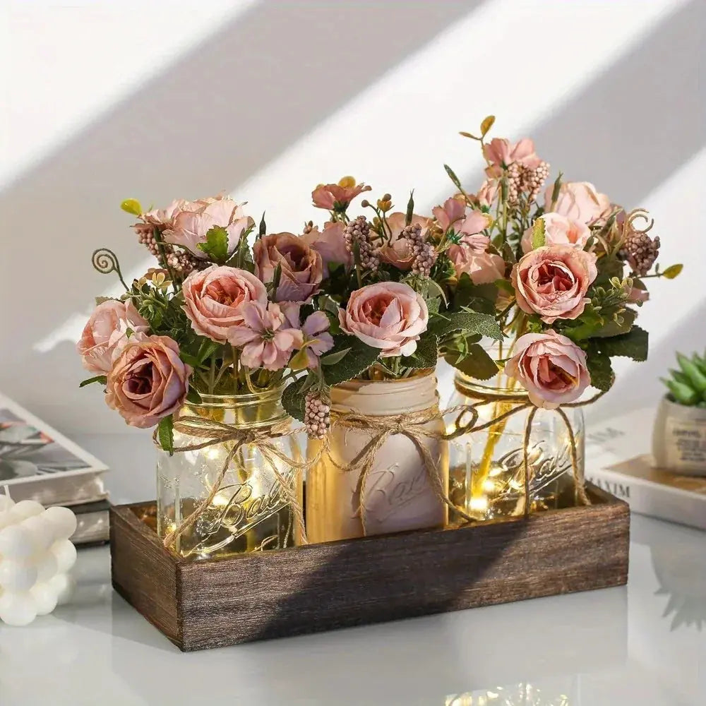 3pcs Mason Jar Centerpiece Table Decor with Wood Tray and Led Light