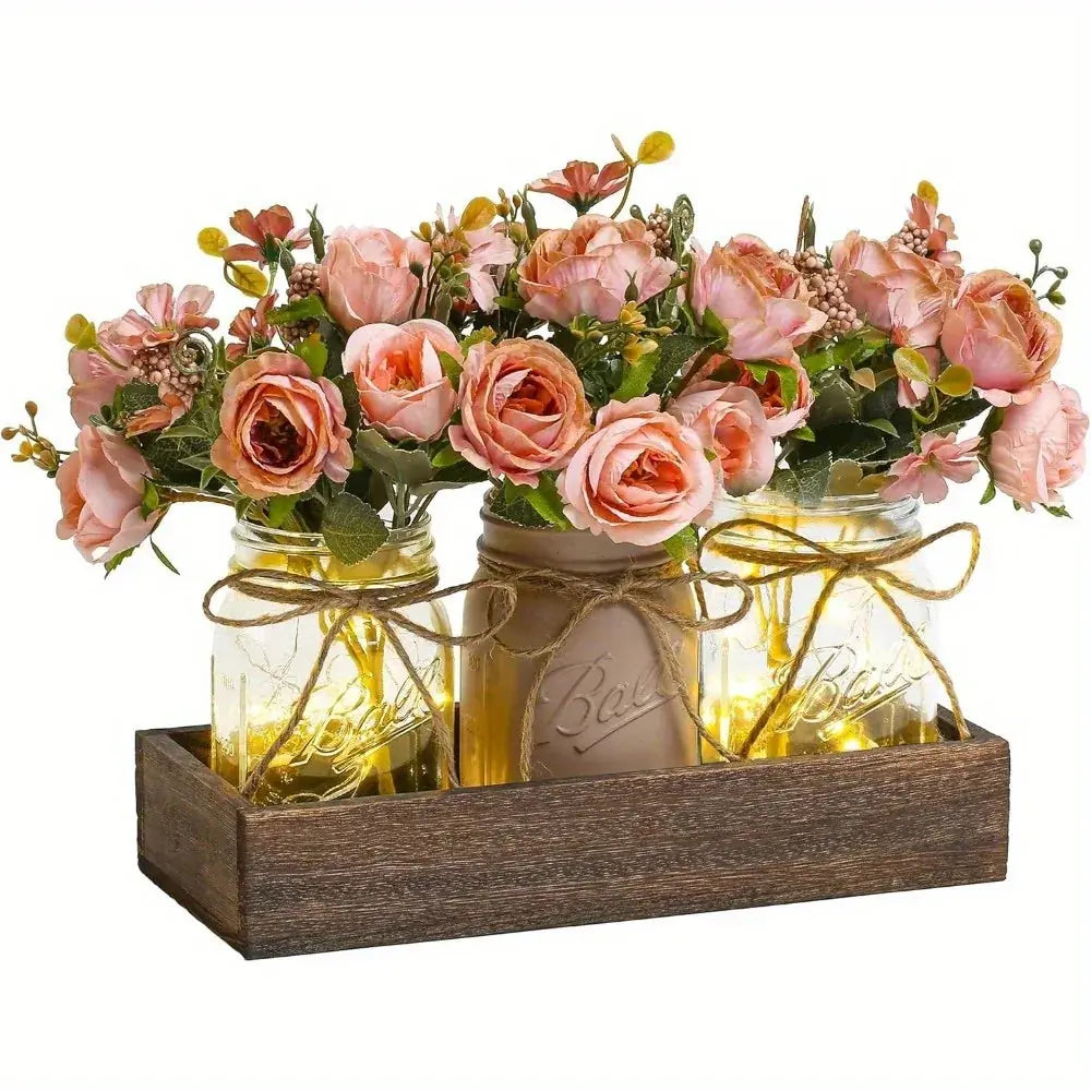3pcs Mason Jar Centerpiece Table Decor with Wood Tray and Led Light