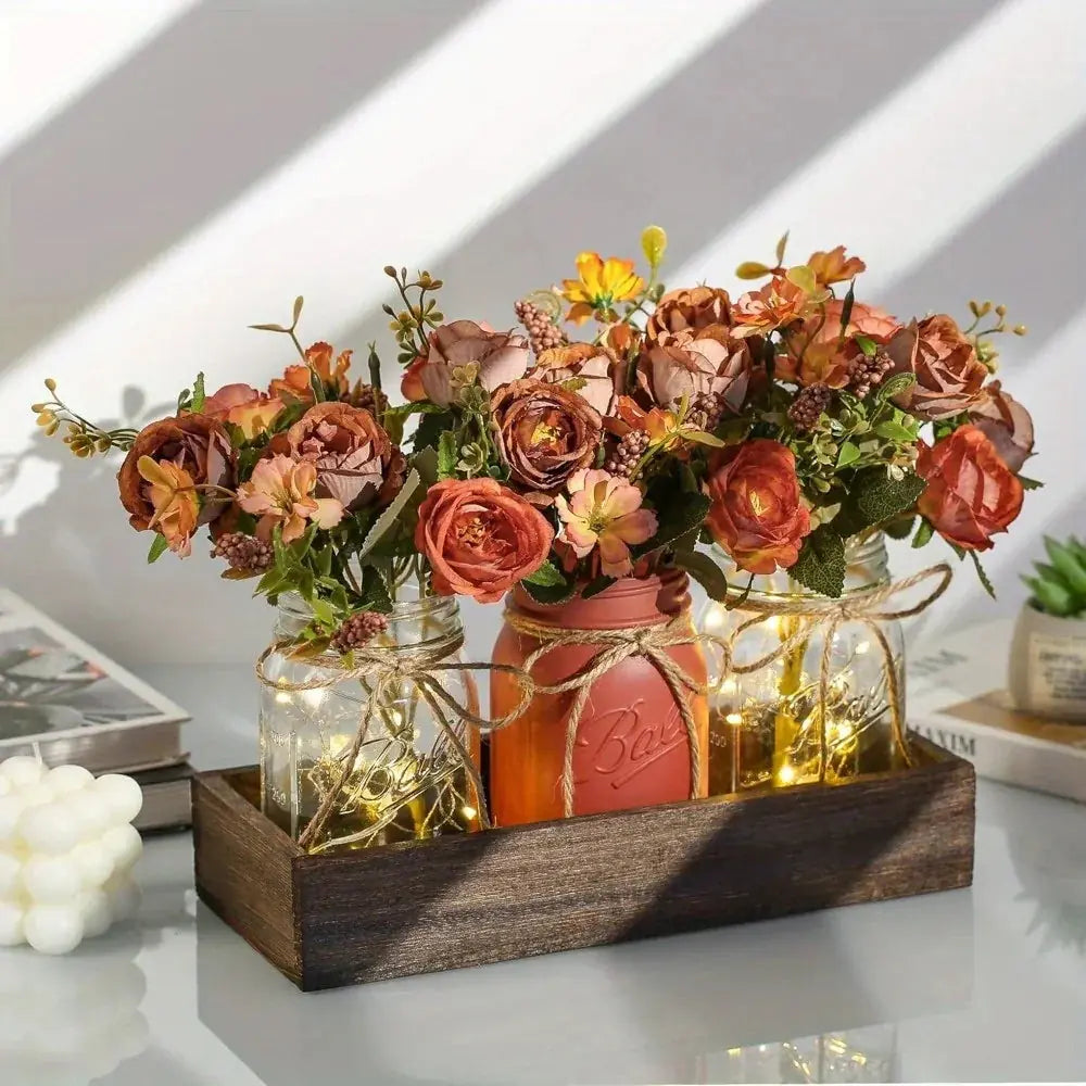 3pcs Mason Jar Centerpiece Table Decor with Wood Tray and Led Light