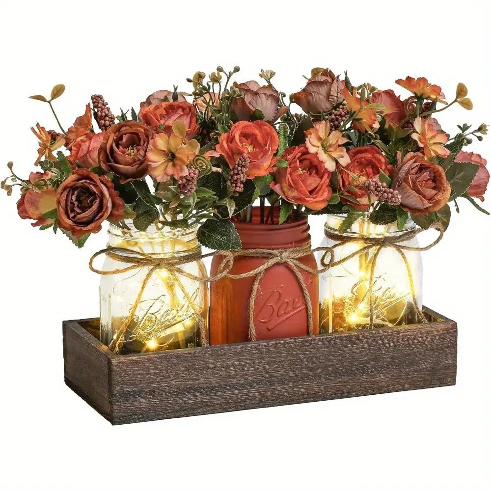 3pcs Mason Jar Centerpiece Table Decor with Wood Tray and Led Light
