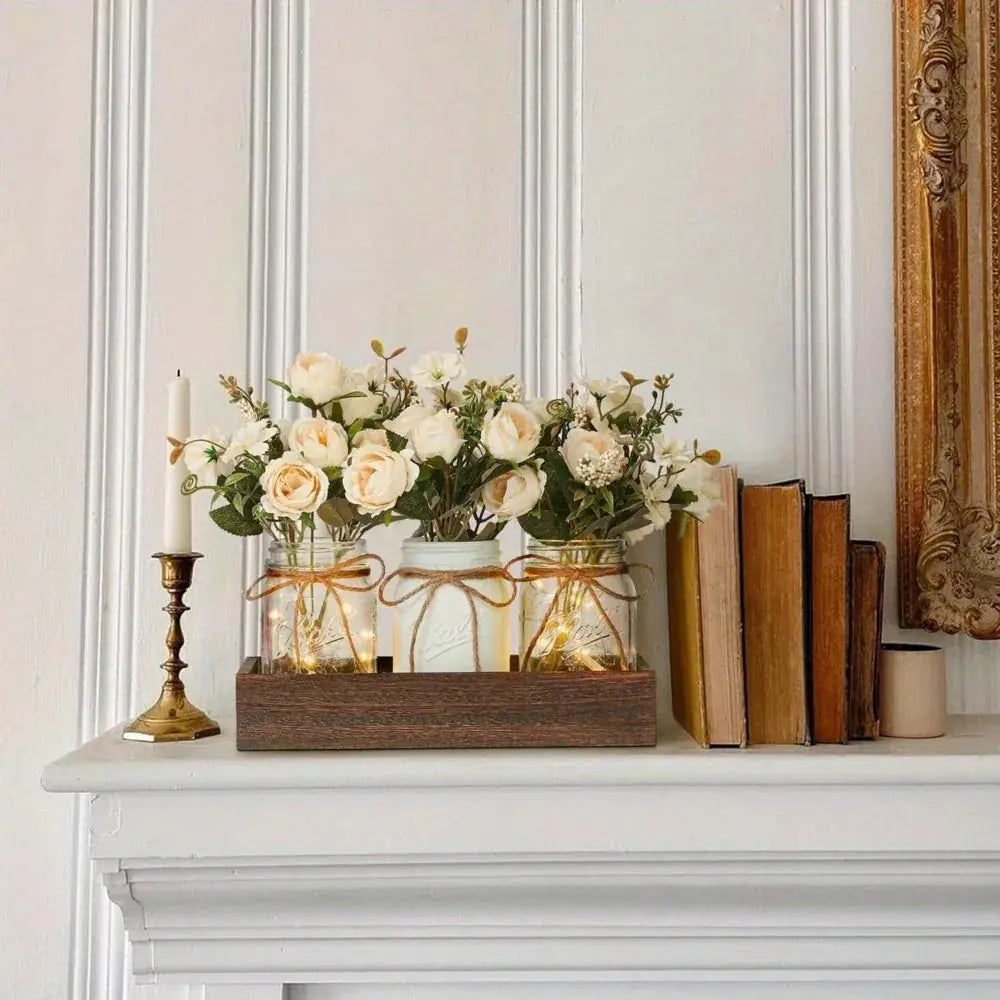 3pcs Mason Jar Centerpiece Table Decor with Wood Tray and Led Light