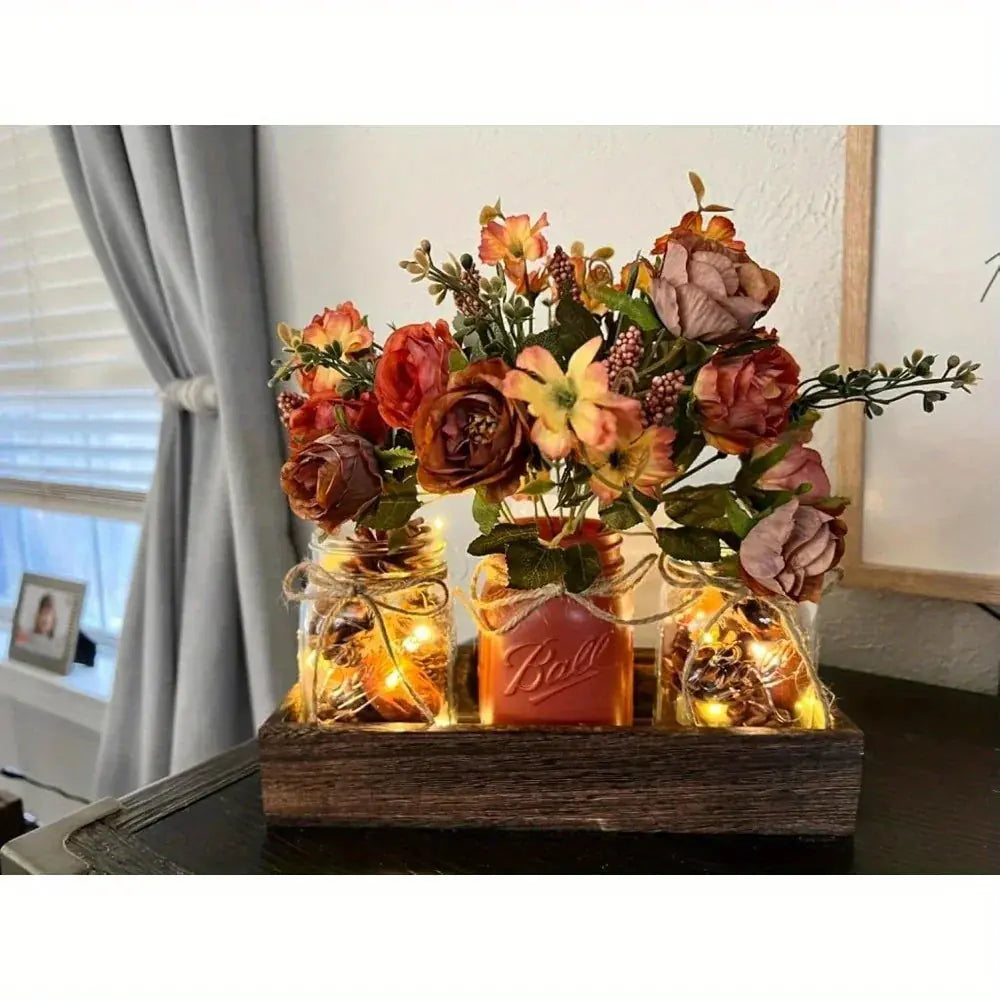 3pcs Mason Jar Centerpiece Table Decor with Wood Tray and Led Light