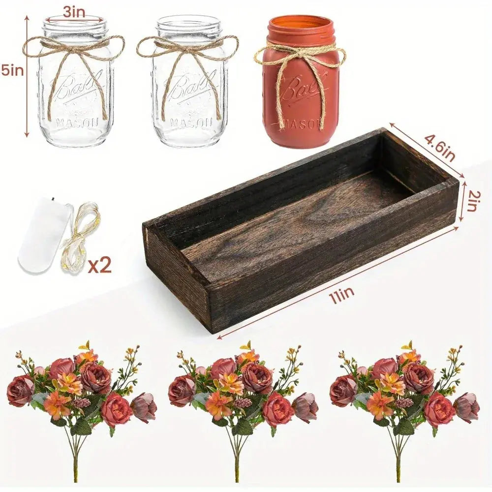3pcs Mason Jar Centerpiece Table Decor with Wood Tray and Led Light