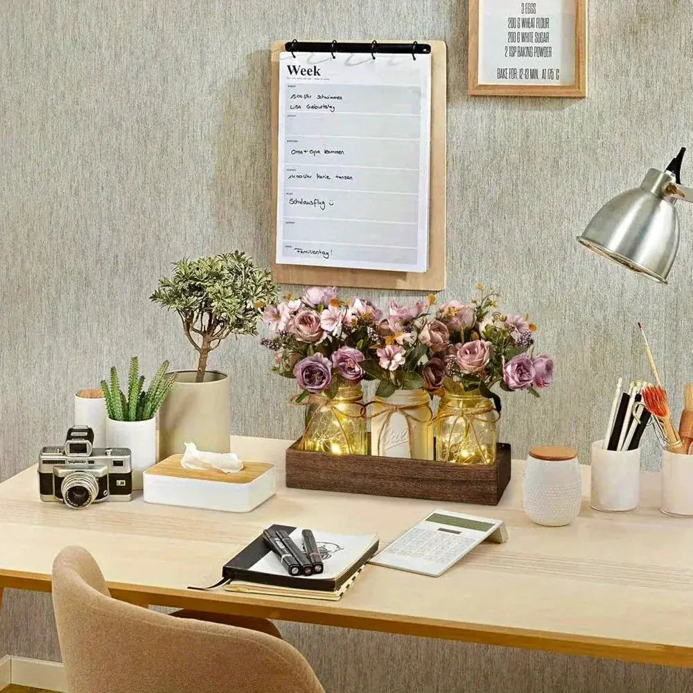 3pcs Mason Jar Centerpiece Table Decor with Wood Tray and Led Light