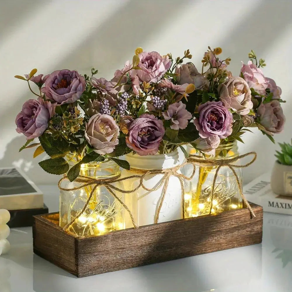 3pcs Mason Jar Centerpiece Table Decor with Wood Tray and Led Light