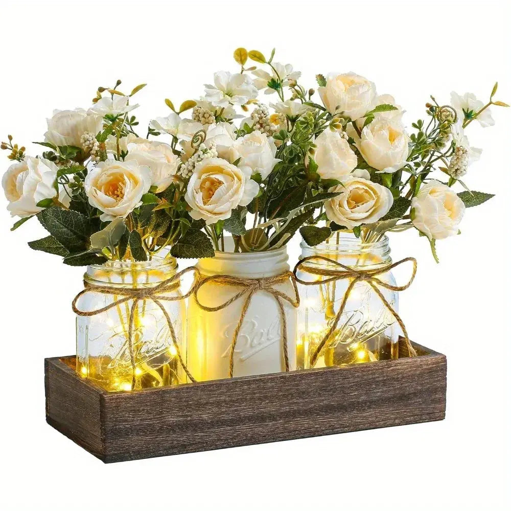 3pcs Mason Jar Centerpiece Table Decor with Wood Tray and Led Light