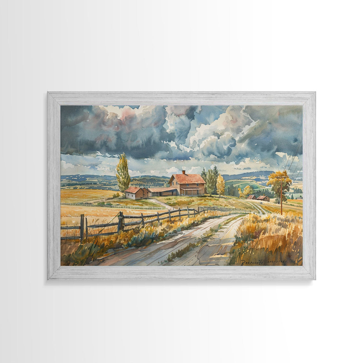Primitive Farmhouse Watercolor Painting Framed Canvas Print, Wood Frame Art, Kitsch Decor, Choose your size and frame for pricing
