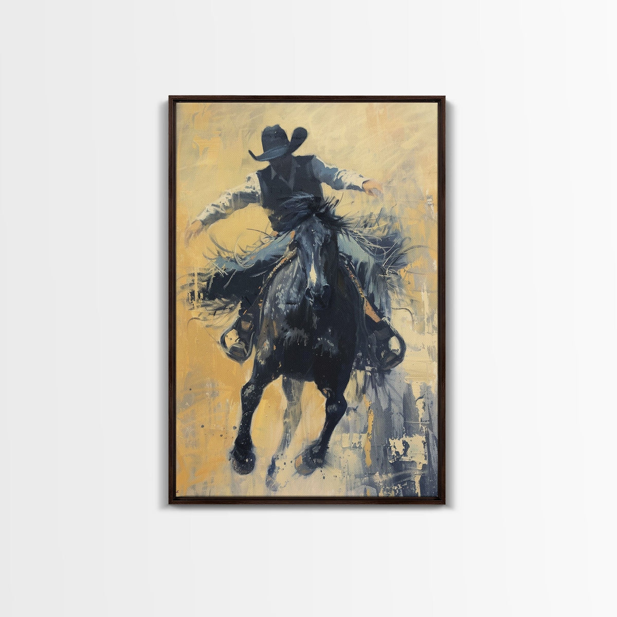 Bold Cowboy in Action Framed Canvas Print - Captivating Western Decor Search size and frame options before ordering.