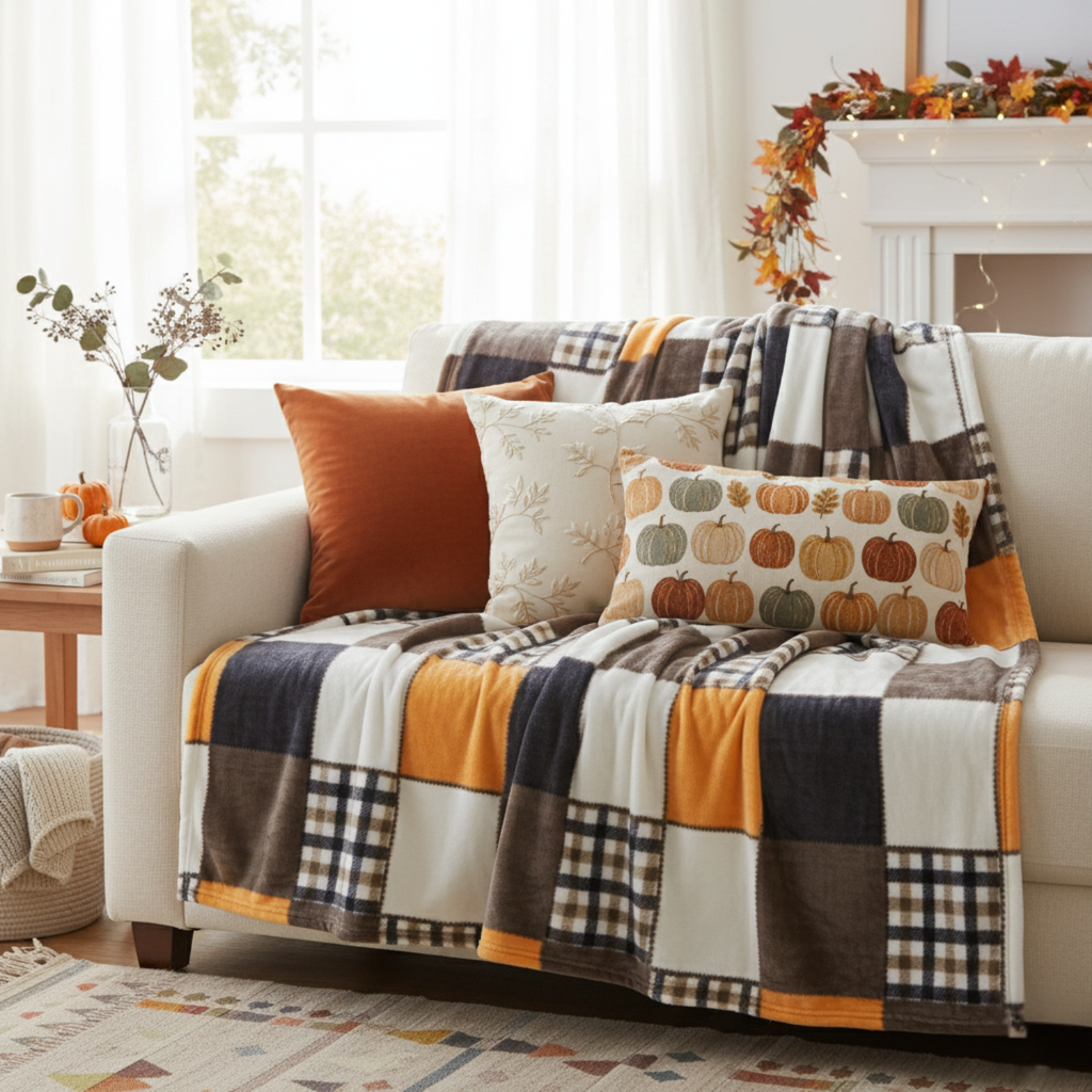 Fall Orange Farmhouse Super Soft Micro Fleece Plaid Patchwork Plush Bed Throw Blanket
