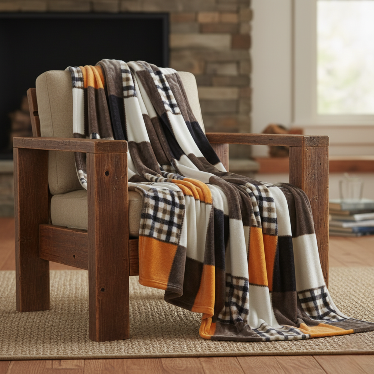 Fall Orange Farmhouse Super Soft Micro Fleece Plaid Patchwork Plush Bed Throw Blanket