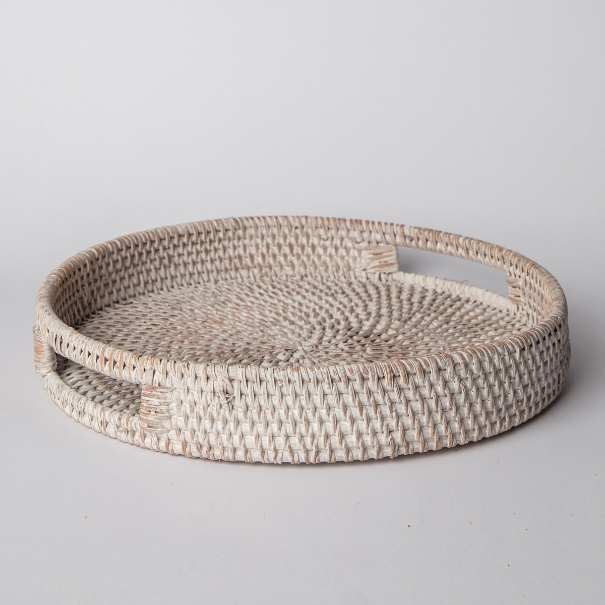 Round Rattan Tray — Decorative White Woven Tray for Coffee Table & Home