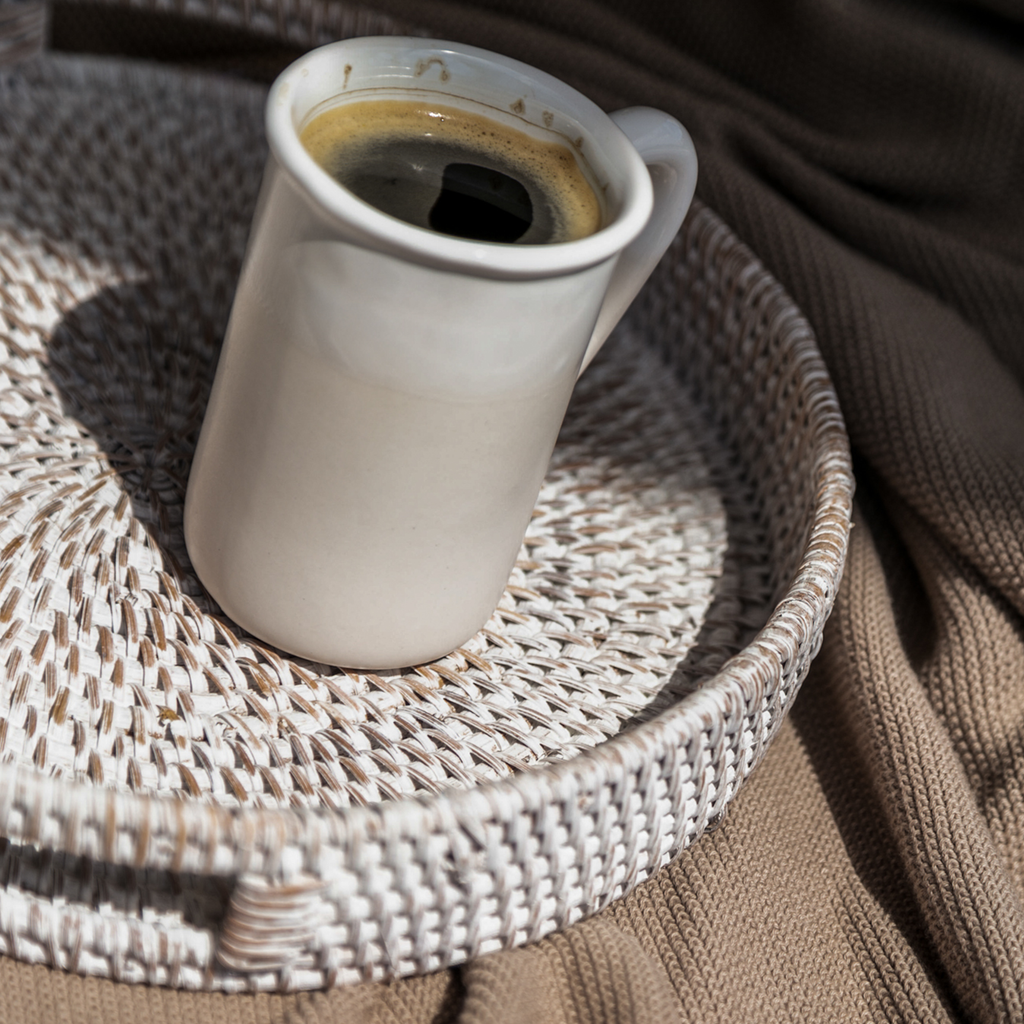 Round Rattan Tray — Decorative White Woven Tray for Coffee Table & Home