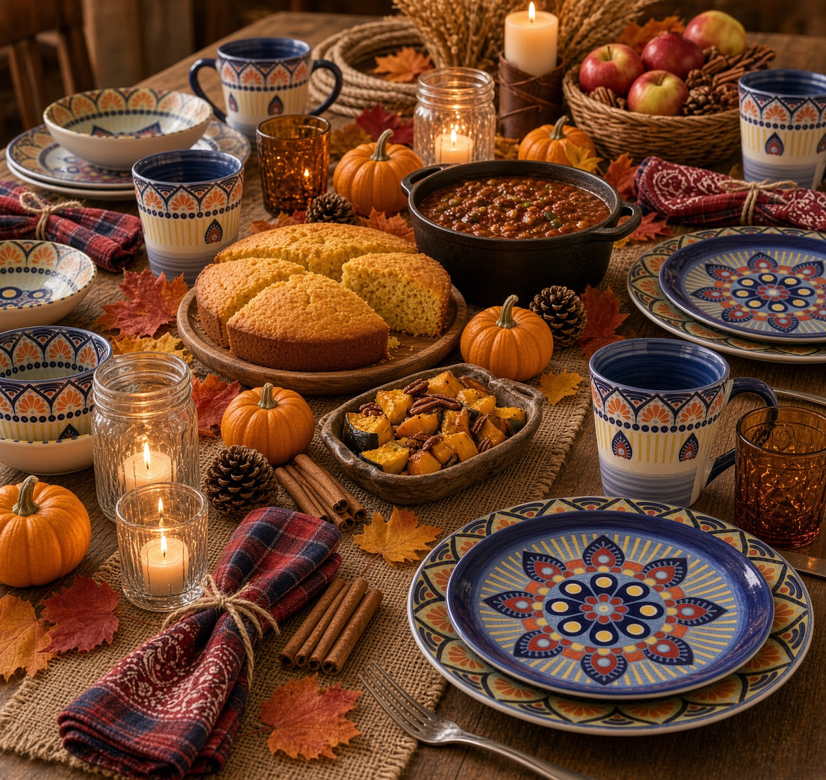 Elama Zen Blue Mozaik 16 Piece Luxurious Stoneware Dinnerware with Complete Setting for 4, 16pc