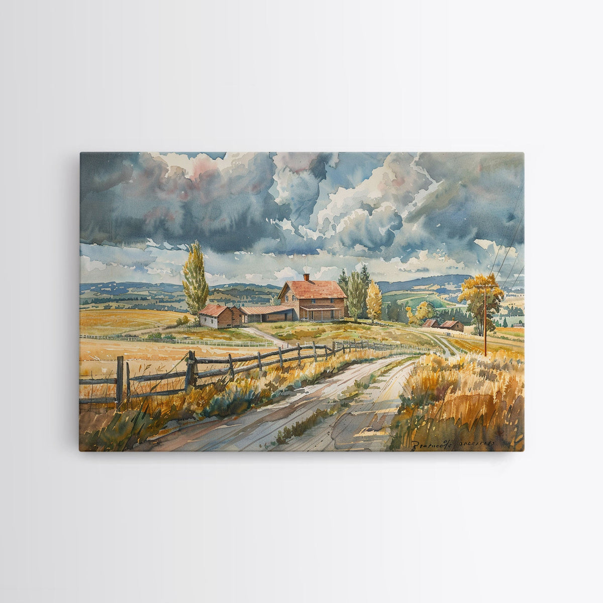 Primitive Farmhouse Watercolor Painting Framed Canvas Print, Wood Frame Art, Kitsch Decor, Choose your size and frame for pricing