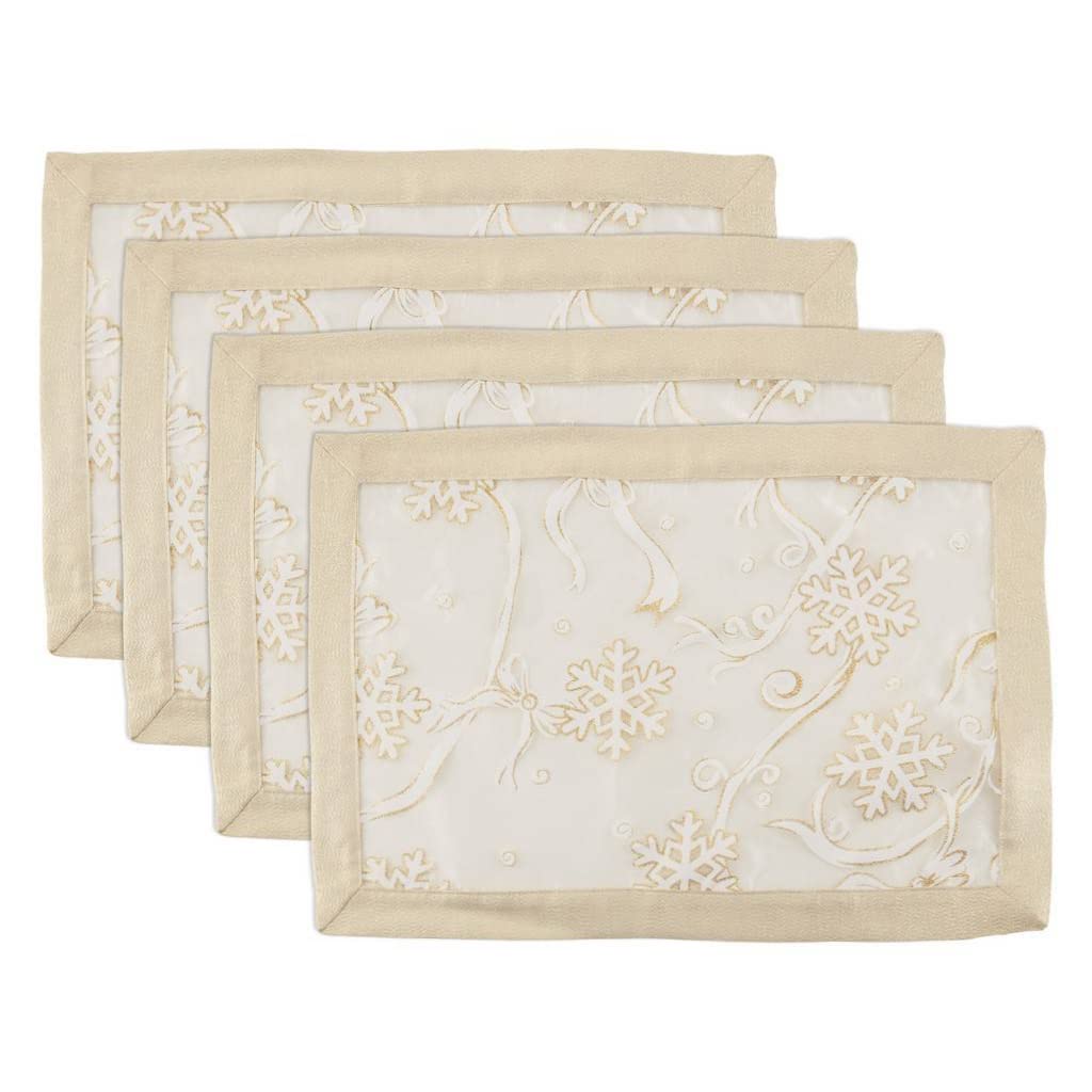 Fennco Styles Printed Snowflake & Ribbon Semi-Sheer Tablecloth - Gold Festive Table Cover for Home Décor, Banquets, Christmas, Holiday and Special Events