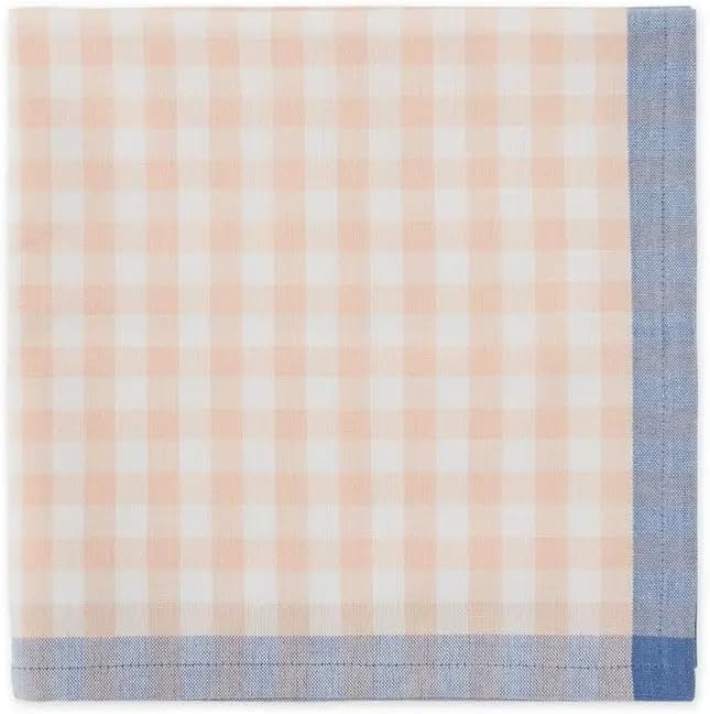 Fennco Styles Farmhouse Gingham Cloth Napkins 20"x20", Set of 4 - Soft Plaid Dinner Napkins with Blue Border