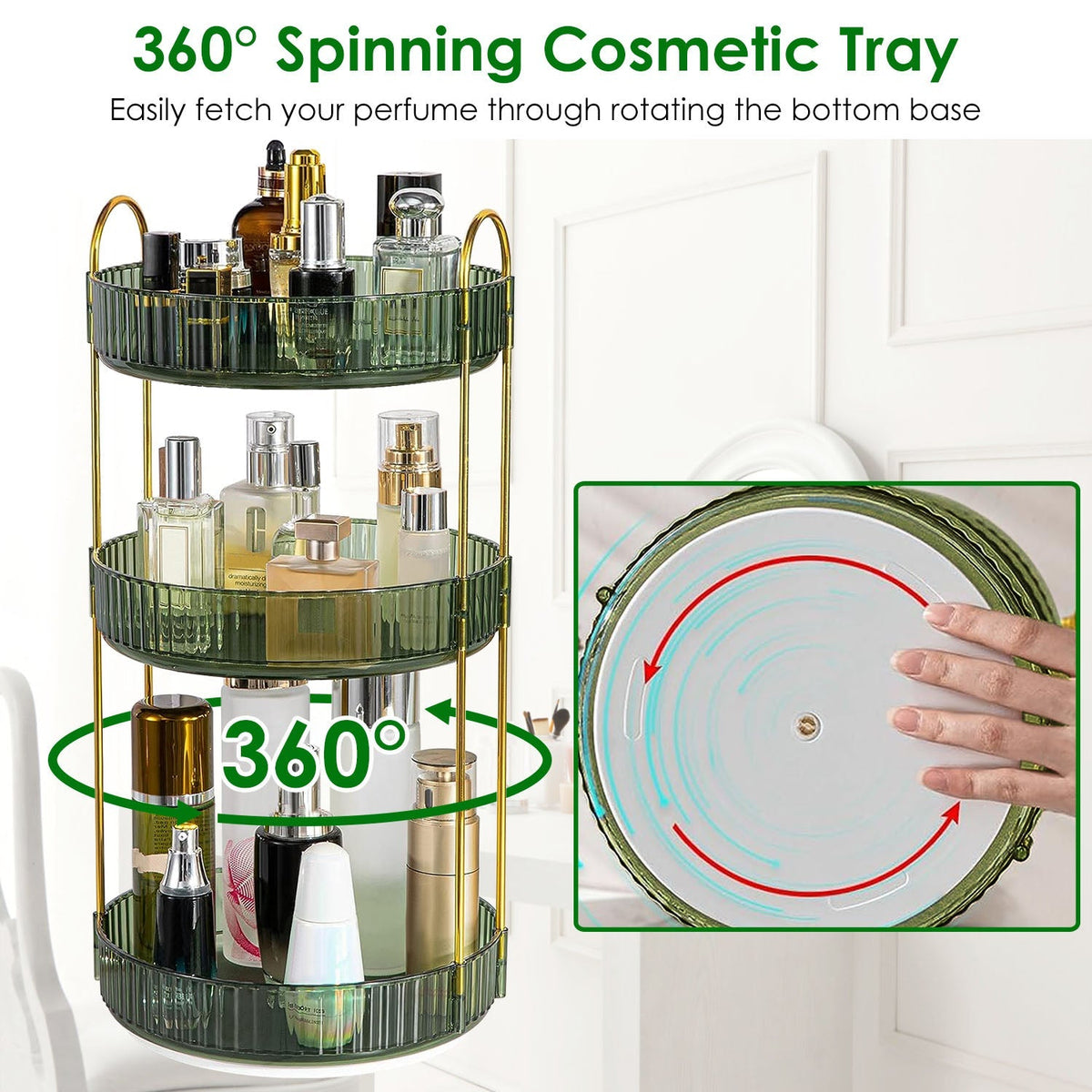 3 Tier Rotating Makeup Organizer – 360° Spinning Cosmetic Storage Tray