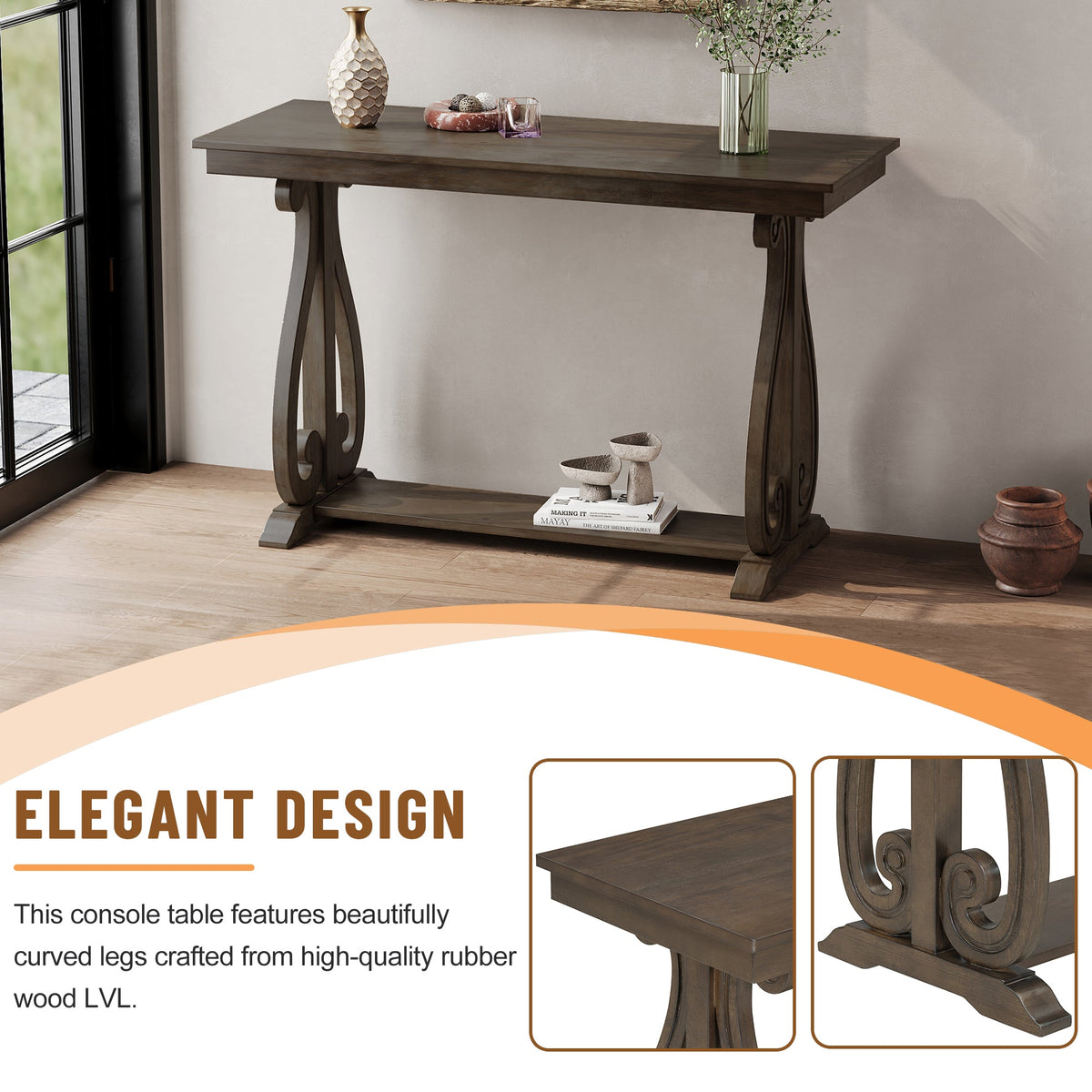 48-Inch Rustic Vintage Farmhouse Style Entryway Table with Open Shelf (Walnut)