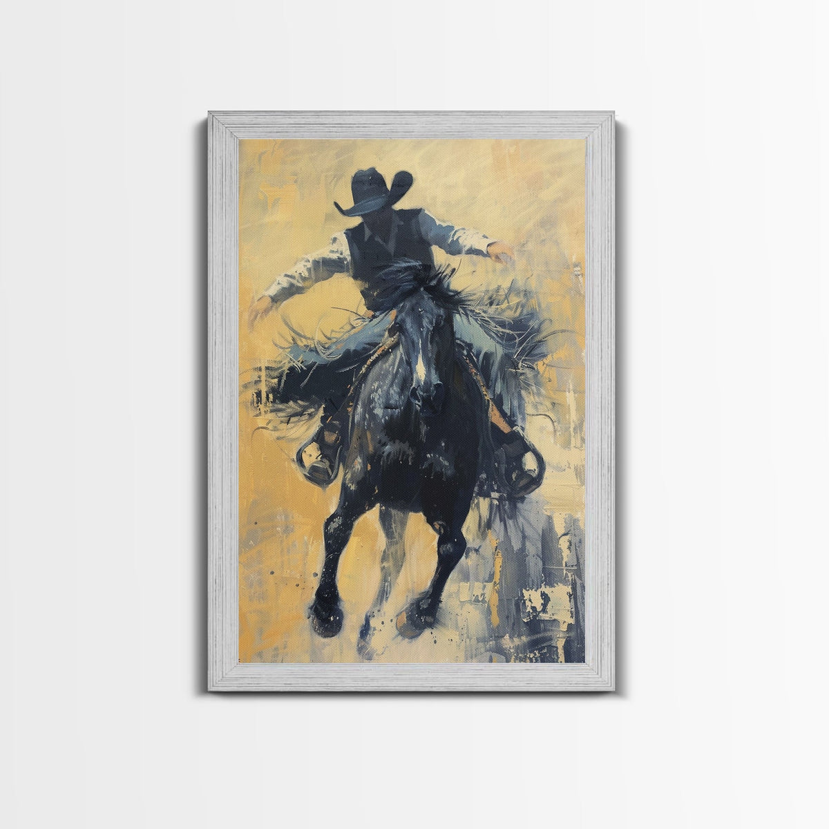 Bold Cowboy in Action Framed Canvas Print - Captivating Western Decor Search size and frame options before ordering.