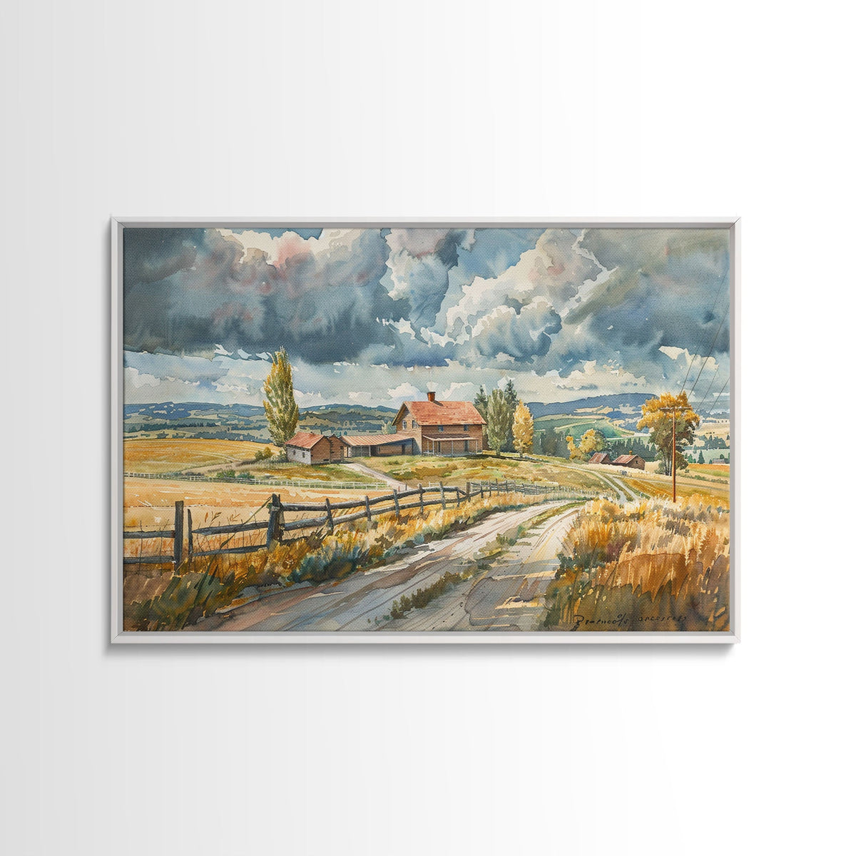 Primitive Farmhouse Watercolor Painting Framed Canvas Print, Wood Frame Art, Kitsch Decor, Choose your size and frame for pricing