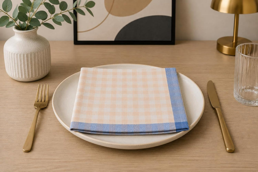 Fennco Styles Farmhouse Gingham Cloth Napkins 20"x20", Set of 4 - Soft Plaid Dinner Napkins with Blue Border