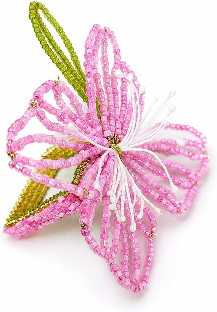 Fennco Styles Pink Beaded Flower Napkin Rings Set of 4, Handmade Floral Napkin Holders