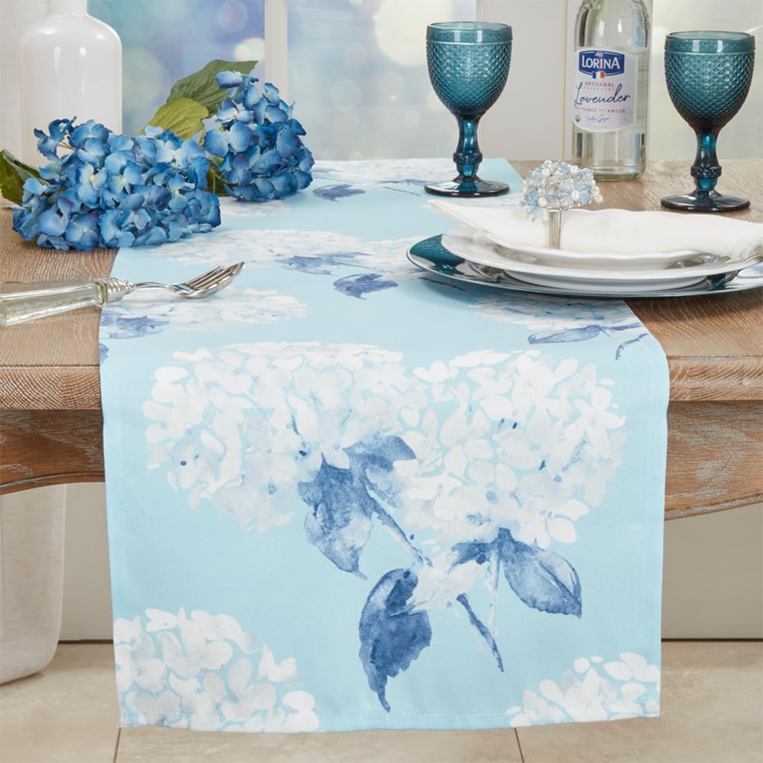 Fennco Styles Aqua Hydrangea Printed Table Runner 16" W x 54" L