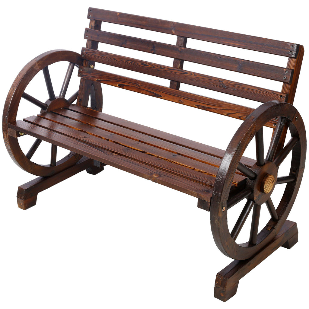 Rustic Country 2 Person Wooden Wagon Wheel Bench With Slatted Seat And Backrest - Brown