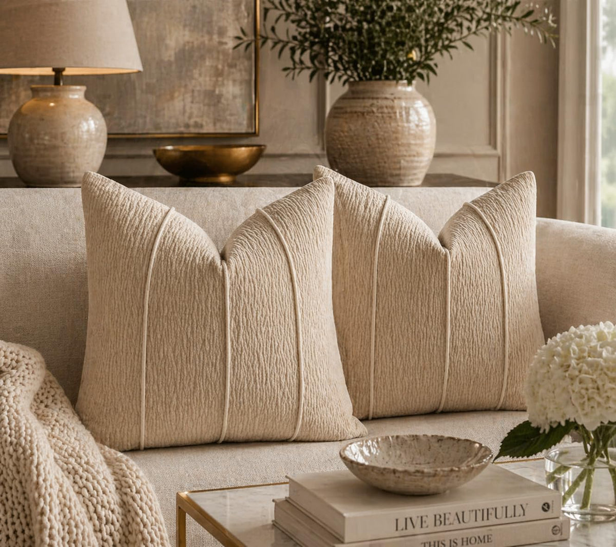 Fennco Styles Beige Chenille Lumbar Throw Pillow with Insert 12" X 20" 1-Pack