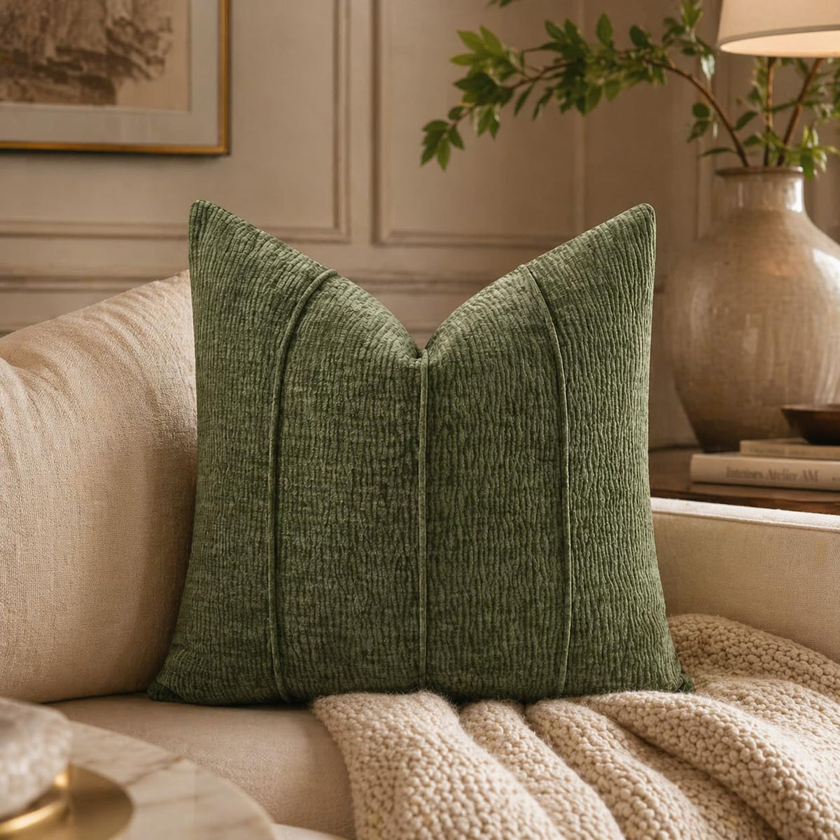 Fennco Styles Beige Chenille Lumbar Throw Pillow with Insert 12" X 20" 1-Pack