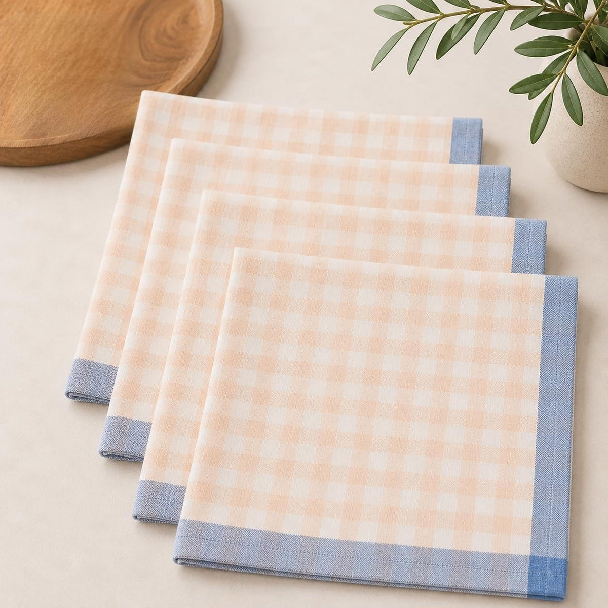 Fennco Styles Farmhouse Gingham Cloth Napkins 20"x20", Set of 4 - Soft Plaid Dinner Napkins with Blue Border