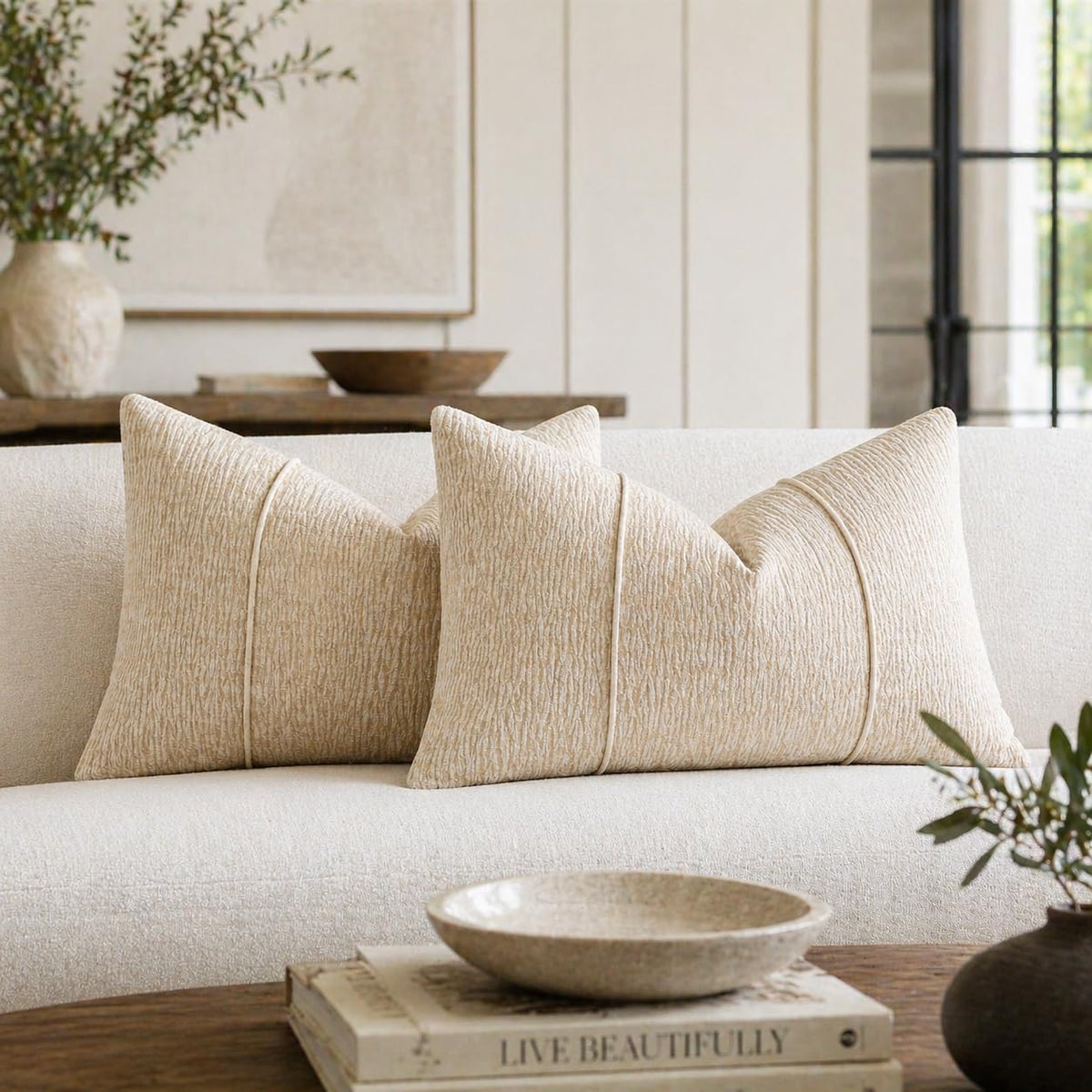 Fennco Styles Beige Chenille Lumbar Throw Pillow with Insert 12" X 20" 1-Pack