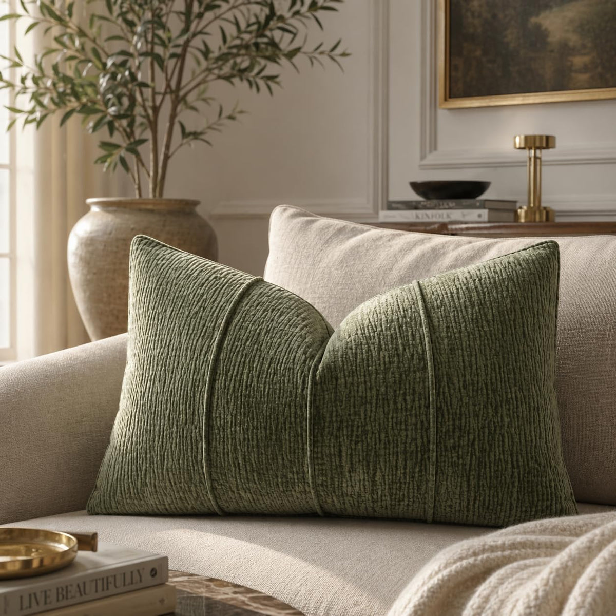 Fennco Styles Beige Chenille Lumbar Throw Pillow with Insert 12" X 20" 1-Pack