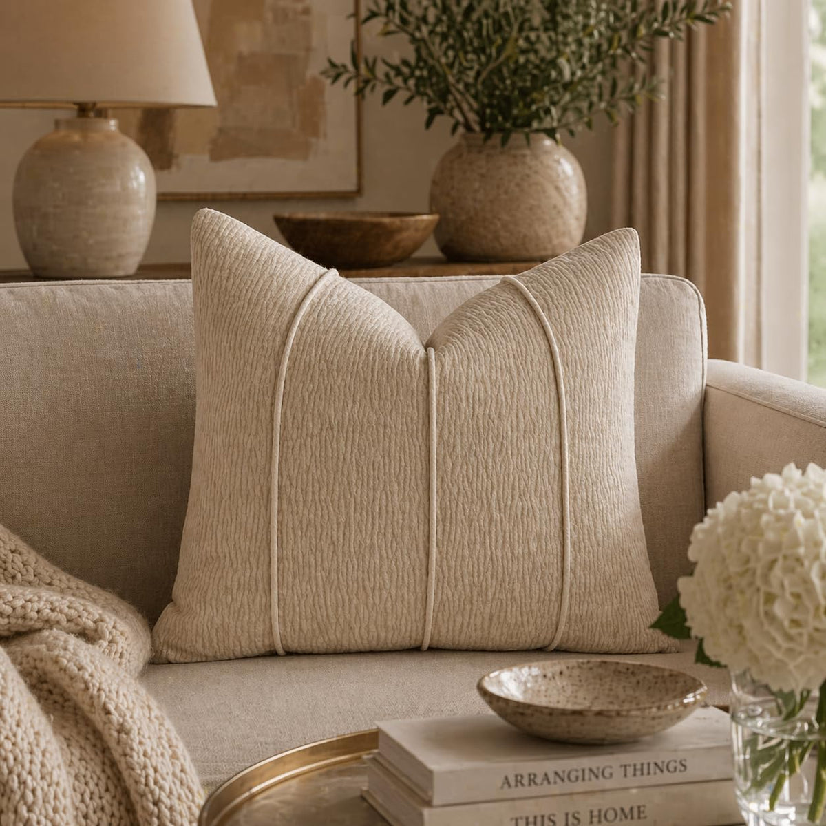 Fennco Styles Beige Chenille Lumbar Throw Pillow with Insert 12" X 20" 1-Pack